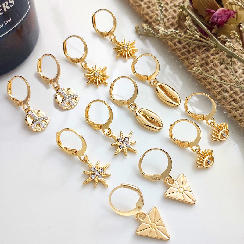2025 Flatfoosie New Tiny Hoop Earrings For Women Gold Color Cartilage Hoop Earrings Jewelry Heart Cross Star Triangle Charm Earrings