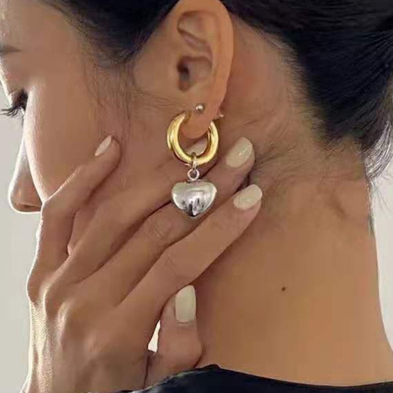 2025 Statement Minimalist Gold Silver Color Mixed Solid Heart Pendant Hoop Earrings Street Style Korean Fashion Jewelry