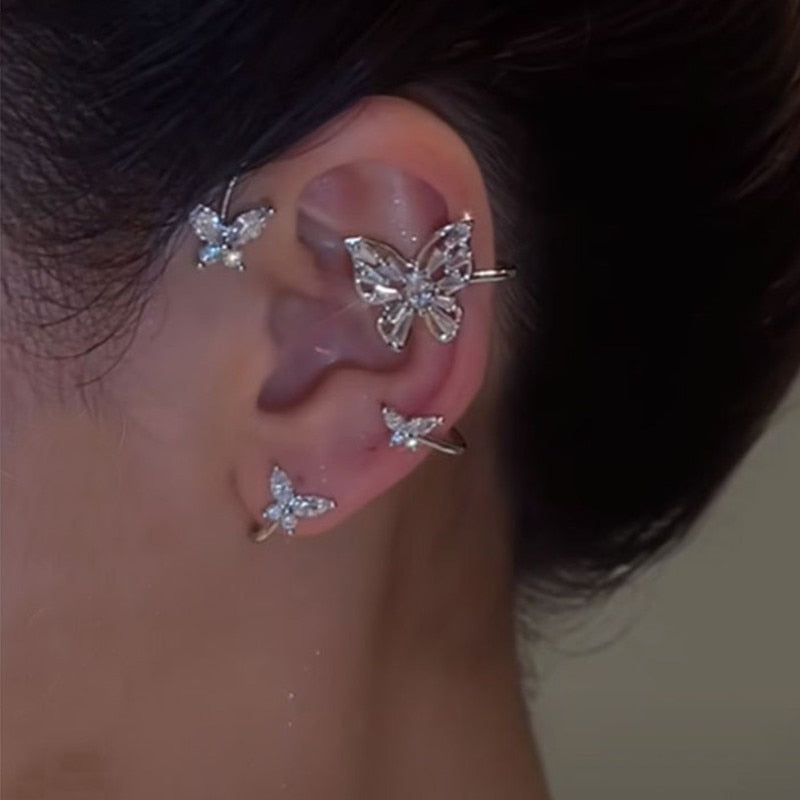 2025 Gold Silver Color Metal Butterfly Ear Clips Without Piercing For Women Sparkling Zircon Ear Cuff Clip Earrings Wedding Jewelry